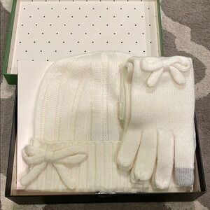Kate Spade White Metallic Bow Hat and Gloves Set